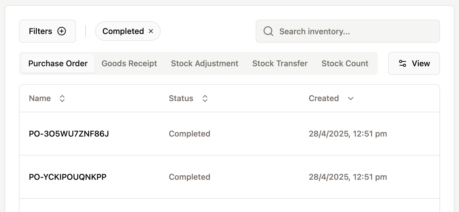Image of inventory screen.